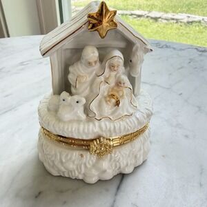 Vintage 90s White Gold Porcelain Nativity Hinged Trinket‎ Box Holy Family NIB